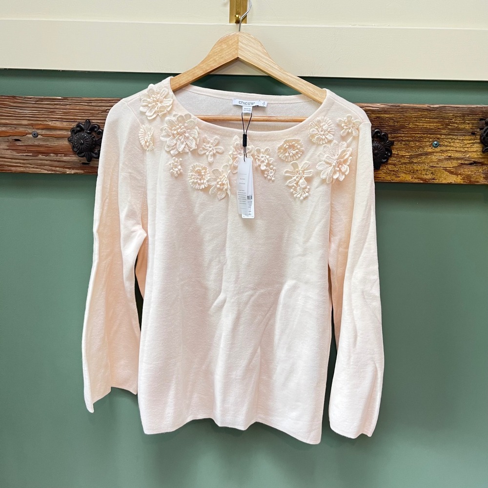 Chicos Pullover‎ Sweater Floral Emb Bateau Flare English Cream Size 2 Large NEW